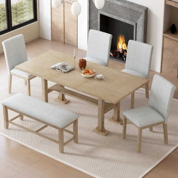 English Elm Wf323796aaa[not for Sale] Solid Wood Trestle Extendable Dining Set with Upholstered Chairs WF323796AAA