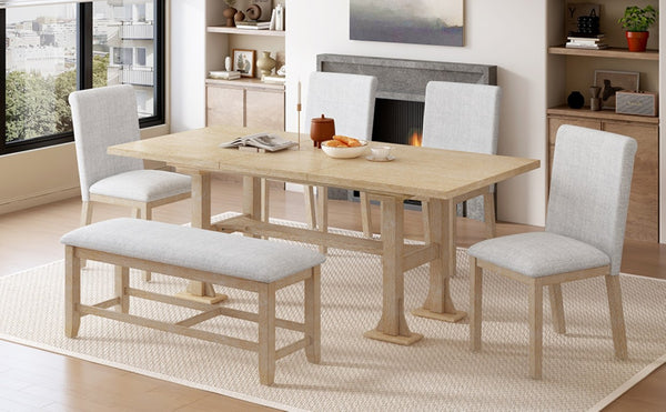 English Elm Wf323796aaa[not for Sale] Solid Wood Trestle Extendable Dining Set with Upholstered Chairs WF323796AAA