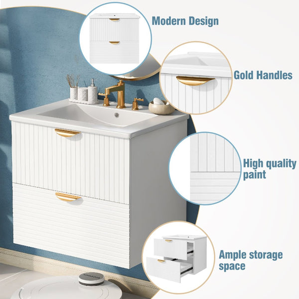 English Elm Modern Wall Mounted Bathroom Vanity with Ceramic Sink Gold Hardware and Two Drawers WF324047AAK