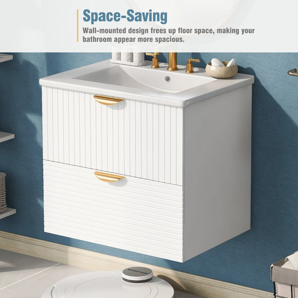 English Elm Modern Wall Mounted Bathroom Vanity with Ceramic Sink Gold Hardware and Two Drawers WF324047AAK