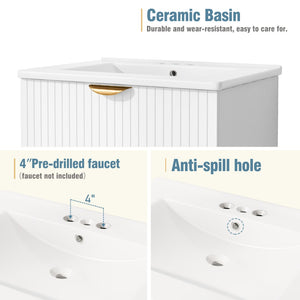 English Elm Modern Wall Mounted Bathroom Vanity with Ceramic Sink Gold Hardware and Two Drawers WF324047AAK