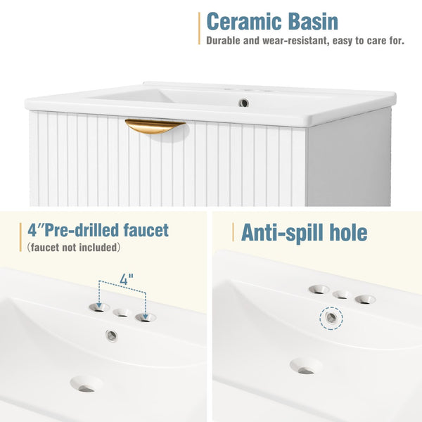 English Elm Modern Wall Mounted Bathroom Vanity with Ceramic Sink Gold Hardware and Two Drawers WF324047AAK