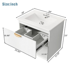 English Elm Modern Wall Mounted Bathroom Vanity with Ceramic Sink Gold Hardware and Two Drawers WF324047AAK