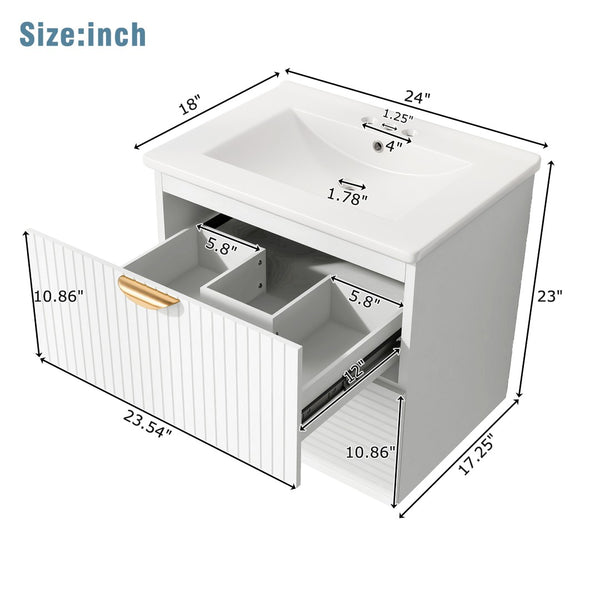 English Elm Modern Wall Mounted Bathroom Vanity with Ceramic Sink Gold Hardware and Two Drawers WF324047AAK
