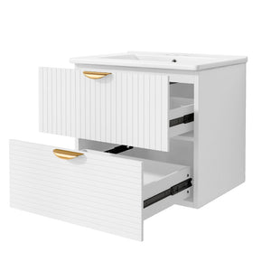 English Elm Modern Wall Mounted Bathroom Vanity with Ceramic Sink Gold Hardware and Two Drawers WF324047AAK