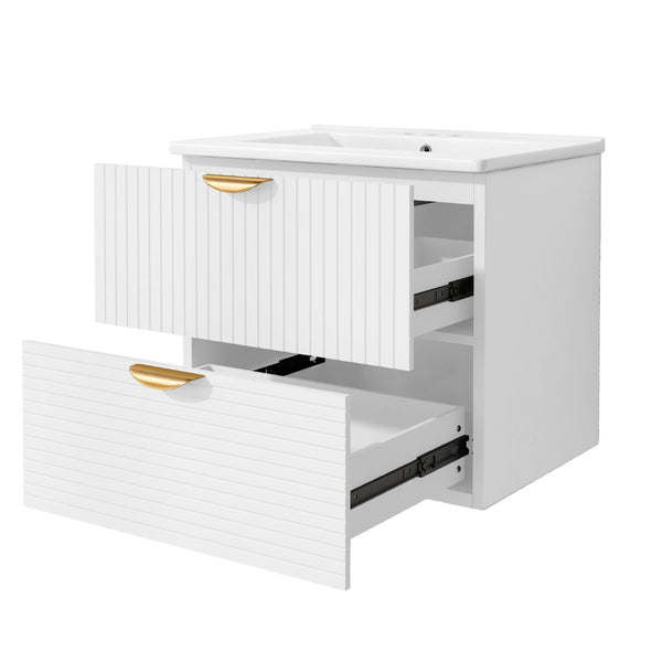 English Elm Modern Wall Mounted Bathroom Vanity with Ceramic Sink Gold Hardware and Two Drawers WF324047AAK