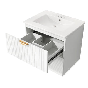 English Elm Modern Wall Mounted Bathroom Vanity with Ceramic Sink Gold Hardware and Two Drawers WF324047AAK