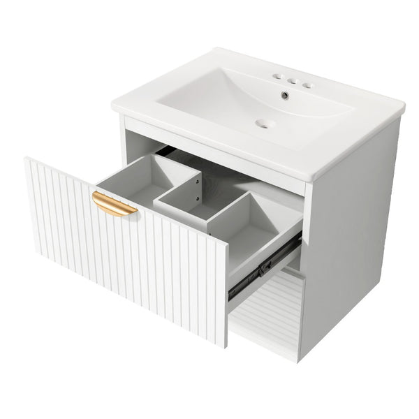 English Elm Modern Wall Mounted Bathroom Vanity with Ceramic Sink Gold Hardware and Two Drawers WF324047AAK