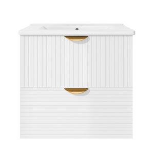English Elm Modern Wall Mounted Bathroom Vanity with Ceramic Sink Gold Hardware and Two Drawers WF324047AAK