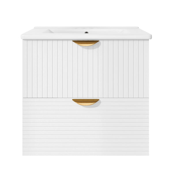 English Elm Modern Wall Mounted Bathroom Vanity with Ceramic Sink Gold Hardware and Two Drawers WF324047AAK