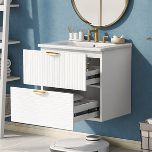 English Elm Modern Wall Mounted Bathroom Vanity with Ceramic Sink Gold Hardware and Two Drawers WF324047AAK