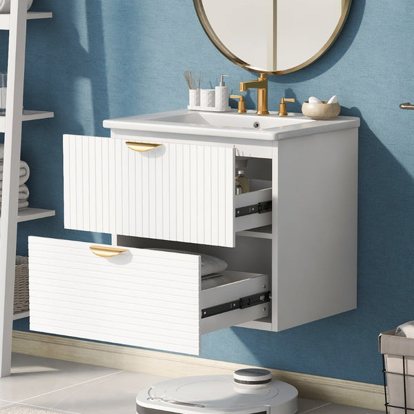 English Elm Modern Wall Mounted Bathroom Vanity with Ceramic Sink Gold Hardware and Two Drawers WF324047AAK