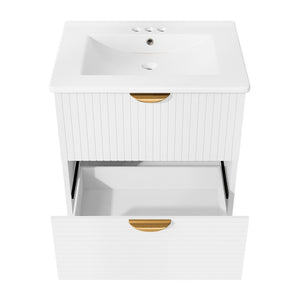 English Elm Modern Wall Mounted Bathroom Vanity with Ceramic Sink Gold Hardware and Two Drawers WF324047AAK