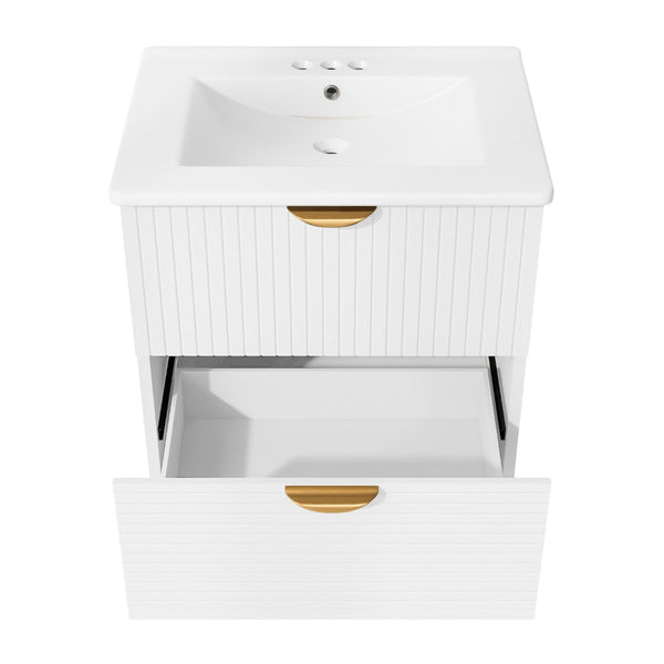 English Elm Modern Wall Mounted Bathroom Vanity with Ceramic Sink Gold Hardware and Two Drawers WF324047AAK