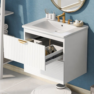 English Elm Modern Wall Mounted Bathroom Vanity with Ceramic Sink Gold Hardware and Two Drawers WF324047AAK