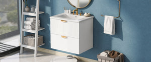 English Elm Modern Wall Mounted Bathroom Vanity with Ceramic Sink Gold Hardware and Two Drawers WF324047AAK