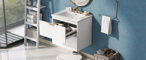 English Elm Modern Wall Mounted Bathroom Vanity with Ceramic Sink Gold Hardware and Two Drawers WF324047AAK