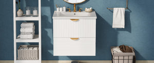 English Elm Modern Wall Mounted Bathroom Vanity with Ceramic Sink Gold Hardware and Two Drawers WF324047AAK