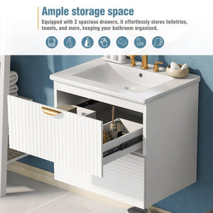 English Elm Modern Wall Mounted Bathroom Vanity with Ceramic Sink Gold Hardware and Two Drawers WF324047AAK