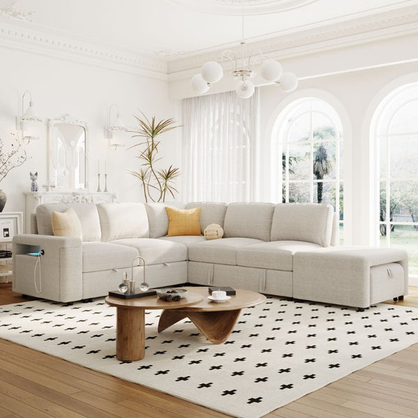 English Elm U_style Modular Fabric Sectional Sofa with Storage USB Port and Cup Holders WF326038AAA