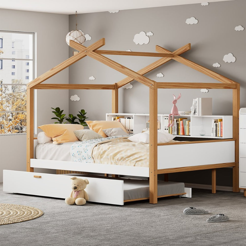 English Elm White Full Size Pinewood House Bed with Trundle Bookshelf Storage for Kids Room WF531025AAK