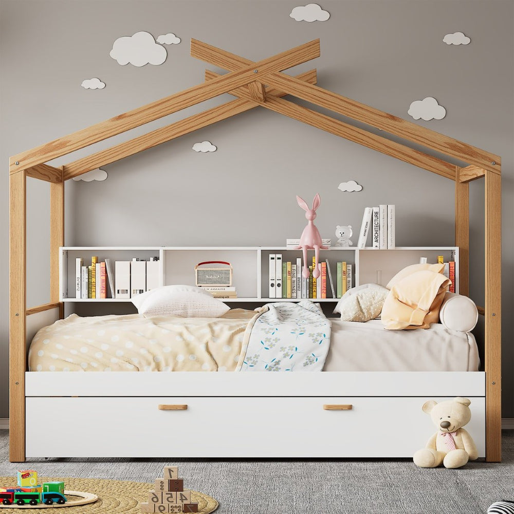 English Elm White Full Size Pinewood House Bed with Trundle Bookshelf Storage for Kids Room WF531025AAK