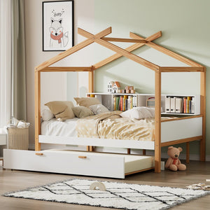 English Elm White Full Size Pinewood House Bed with Trundle Bookshelf Storage for Kids Room WF531025AAK