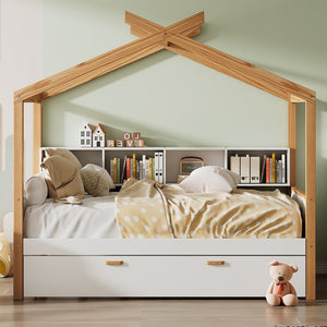 English Elm White Full Size Pinewood House Bed with Trundle Bookshelf Storage for Kids Room WF531025AAK