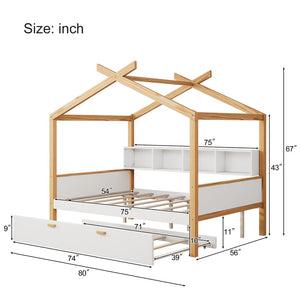 English Elm White Full Size Pinewood House Bed with Trundle Bookshelf Storage for Kids Room WF531025AAK