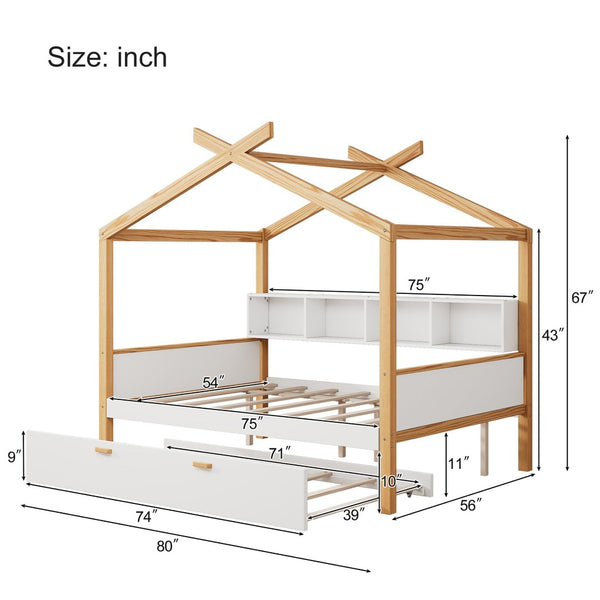 English Elm White Full Size Pinewood House Bed with Trundle Bookshelf Storage for Kids Room WF531025AAK