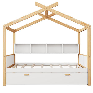 English Elm White Full Size Pinewood House Bed with Trundle Bookshelf Storage for Kids Room WF531025AAK