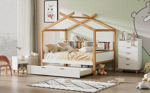 English Elm White Full Size Pinewood House Bed with Trundle Bookshelf Storage for Kids Room WF531025AAK