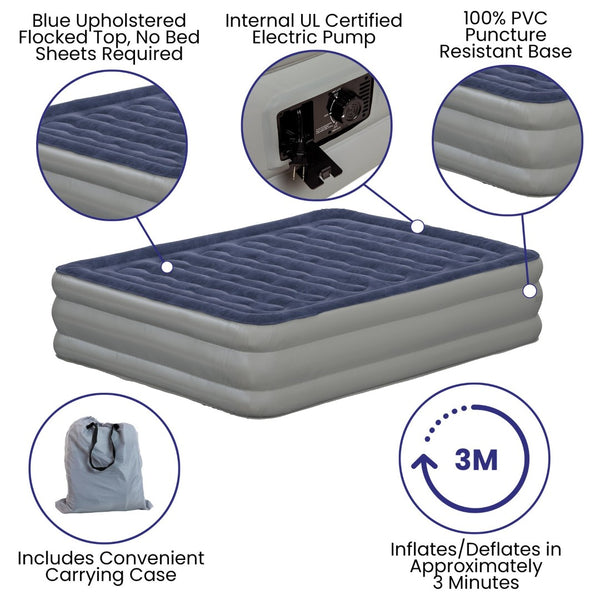 English Elm Kellos 18-Inch Air Mattress with Built-in Electric Pump, Carrying Case & Plush Flocked Top Comfort Blue Queen WG-AM101-18-Q-GG