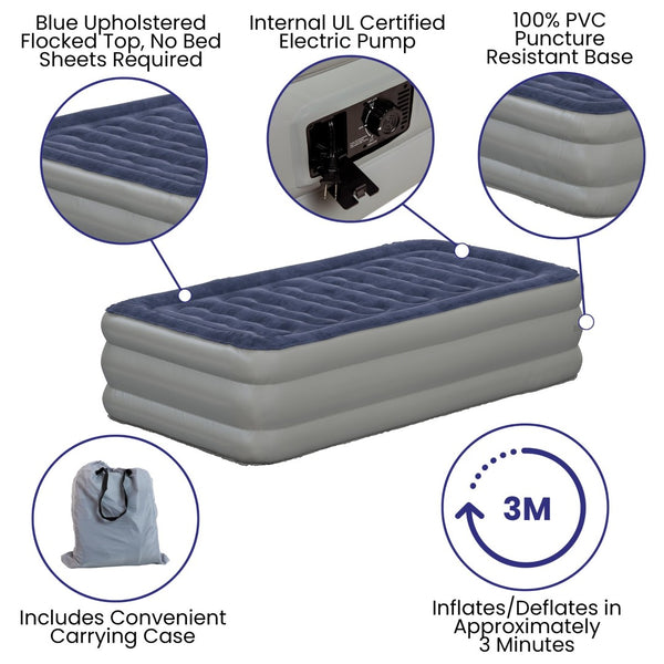 English Elm Kellos 18-Inch Air Mattress with Built-in Electric Pump, Carrying Case & Plush Flocked Top Comfort Blue Twin WG-AM101-18-T-GG
