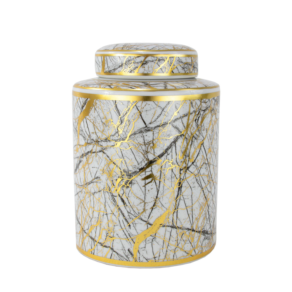 Zeugma White Elegant Ceramic Urn With Striking Black And Gold Lightning Motif – 10" X 10" X 12"   241453