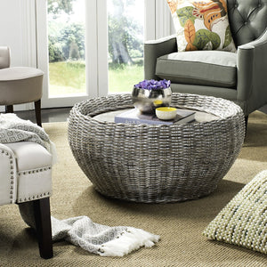 Safavieh Alley Wood Top Coffee Table - Modern Mango Wood With Kubu Rattan, Ideal For Coastal And Scandinavian Decor Grey WIK6504A