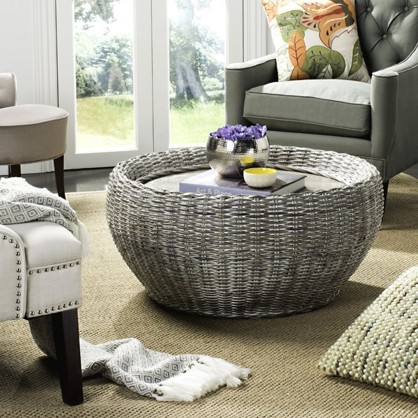 Safavieh Alley Wood Top Coffee Table - Modern Mango Wood With Kubu Rattan, Ideal For Coastal And Scandinavian Decor Grey WIK6504A