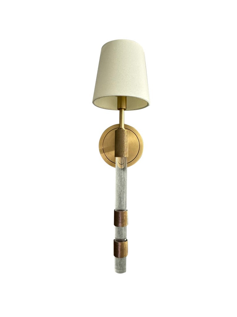 House of Troy Single Brass Wall Sconce Knurled Artisan Detail Fabric Shade Warm Ambient Glow Brushed Brass WL308-BB