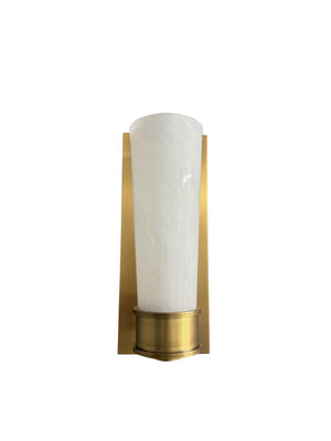 House of Troy Single Warm Brass Wall Sconce Architectural Backplate Cylindrical Glass Mid-Century Brushed Brass WL309-BB
