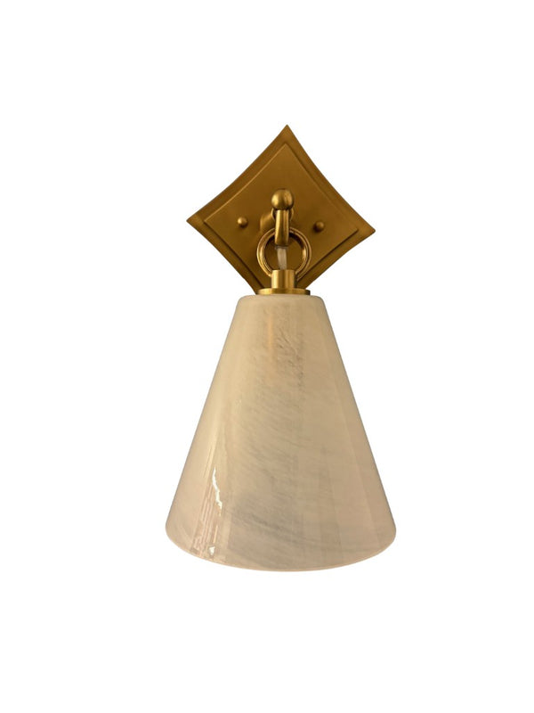 House of Troy Single Lantern Wall Sconce with Diamond Backplate and Handcrafted Swirl Glass Shade Brushed Brass WL311-BB