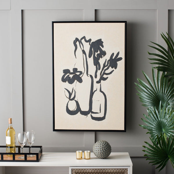 Safavieh INKY Arrangement Framed Wall Art, 24"x36" - Modern Antique Ivory & Black Abstract Floral Decor WLA2069A