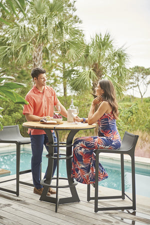 Lexington Tommy Bahama Outdoor 3940-873 High/Low Bistro Table - Stylish Dark Graphite Aluminum With Sustainable Teak For Modern Spaces Obsidian  3940-873