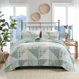 JLA Home Olsen Buffalo Plaid Cotton Quilt Set with Geometric Stitching for Cabin or Master Bedroom Green 92 W x 96 L WR13-4089