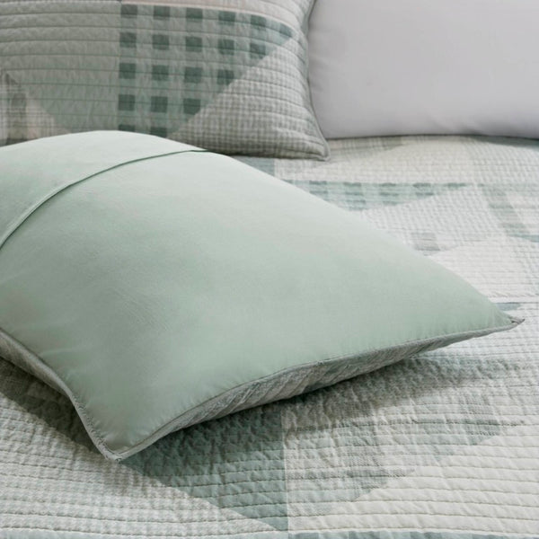 JLA Home Olsen Buffalo Plaid Cotton Quilt Set with Geometric Stitching for Cabin or Master Bedroom Green 92 W x 96 L WR13-4089