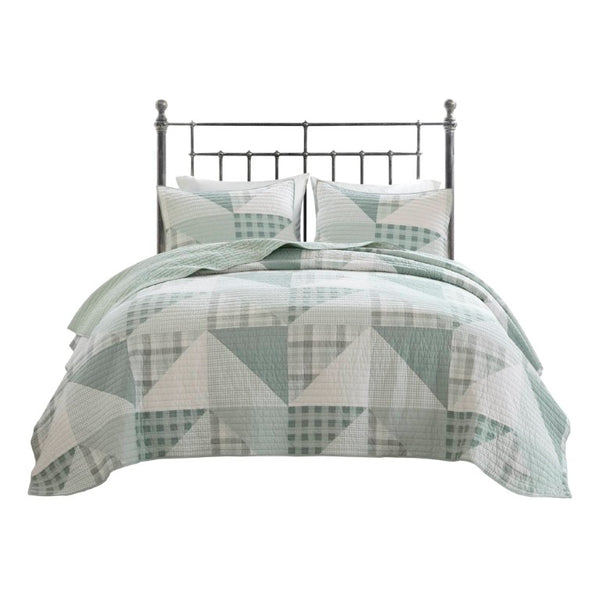 JLA Home Olsen Buffalo Plaid Cotton Quilt Set with Geometric Stitching for Cabin or Master Bedroom Green 92 W x 96 L WR13-4089