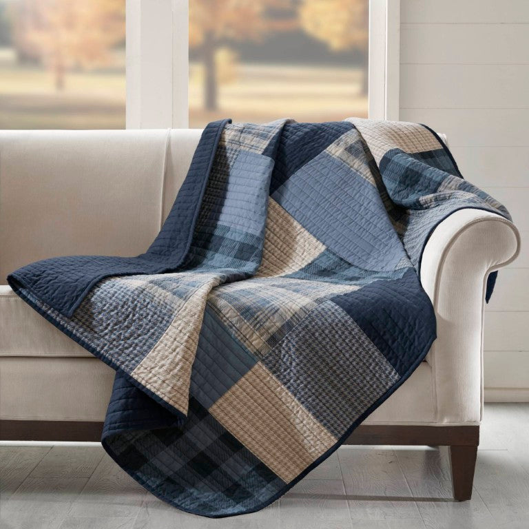 JLA Home Winter Hills Cotton Patchwork Quilted Throw Modern Farmhouse Navy Blue Cozy Layering WR50-4090