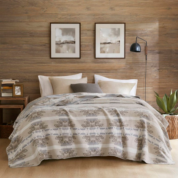 JLA Home Alberta Combed Cotton Blend Blanket with Whip Stitch Edges for Farmhouse Living Neutral Aztec 108 W x 90 L WR51-3927