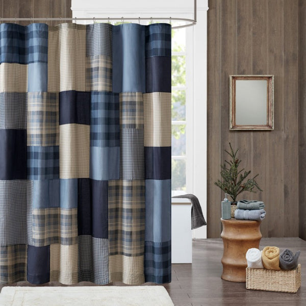 JLA Home Winter Hills Patchwork Cotton Shower Curtain Plaid and Solid Navy Farmhouse Bath WR70-4020