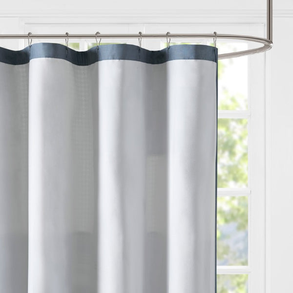 JLA Home Winter Hills Patchwork Cotton Shower Curtain Plaid and Solid Navy Farmhouse Bath WR70-4020