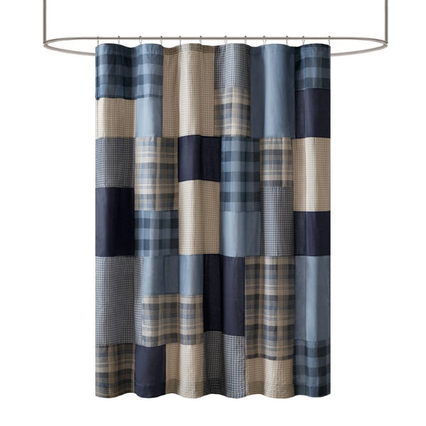 JLA Home Winter Hills Patchwork Cotton Shower Curtain Plaid and Solid Navy Farmhouse Bath WR70-4020